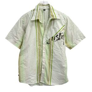 Y2K Rusty Surfer Men L Short Sleeve Button Up Shirt Green Striped Graphic Skater